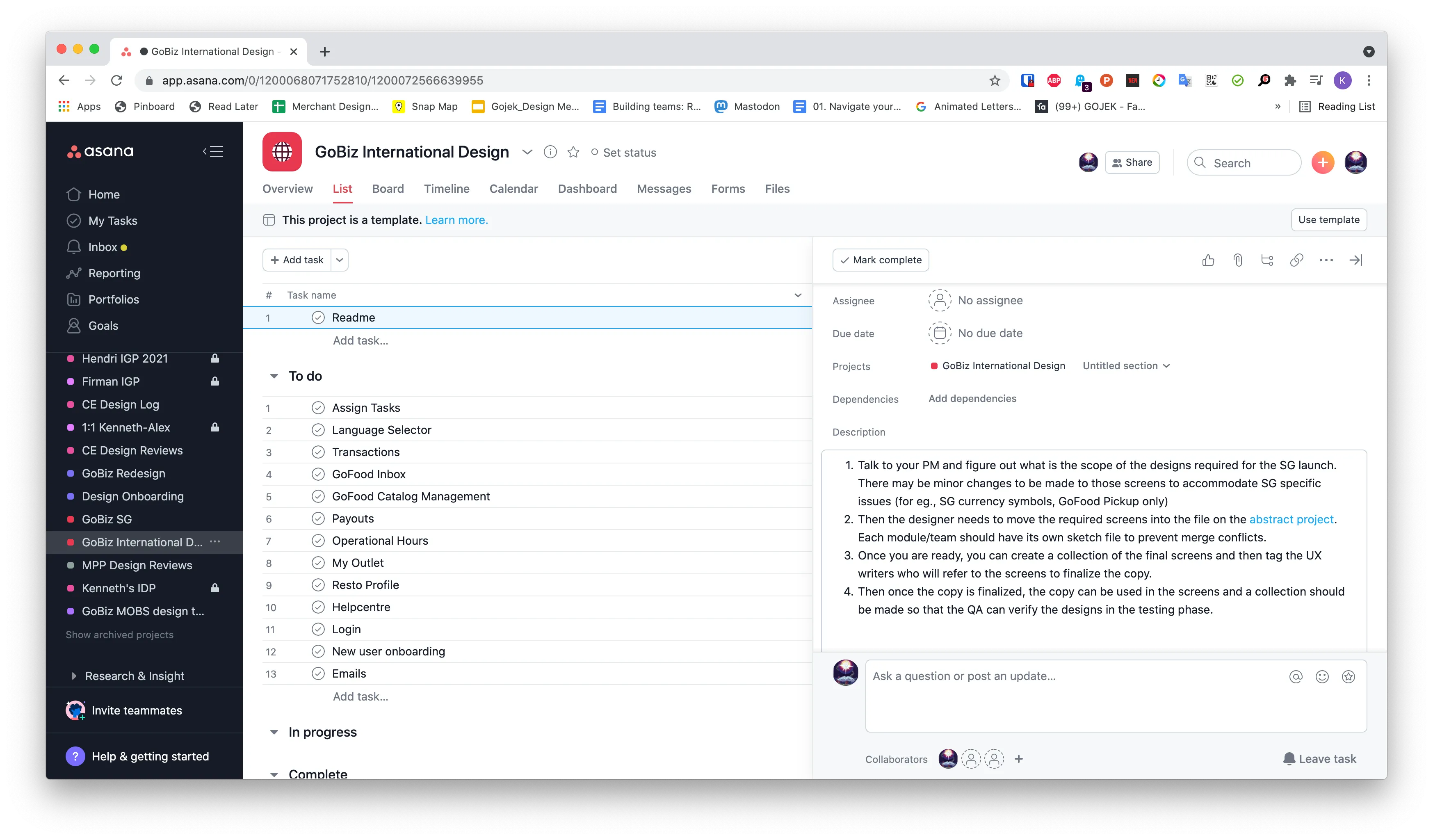 The GoBiz International Design template in Asana