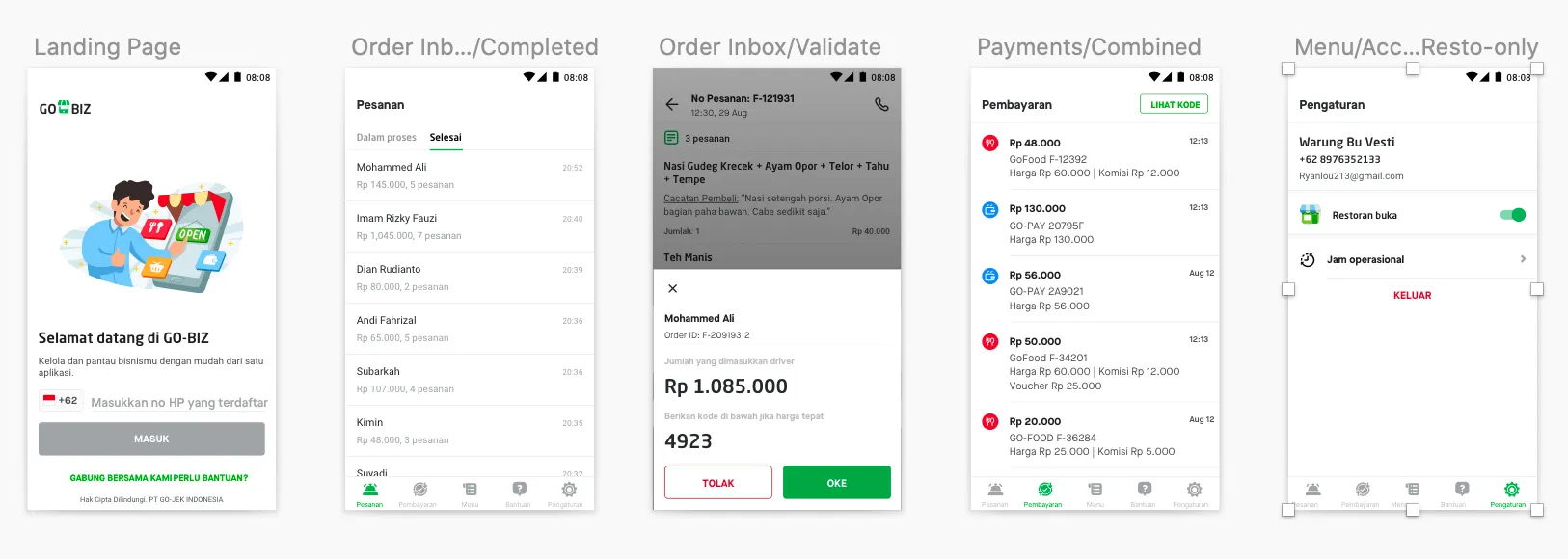 Redesigned screens in Sketch for GoBiz