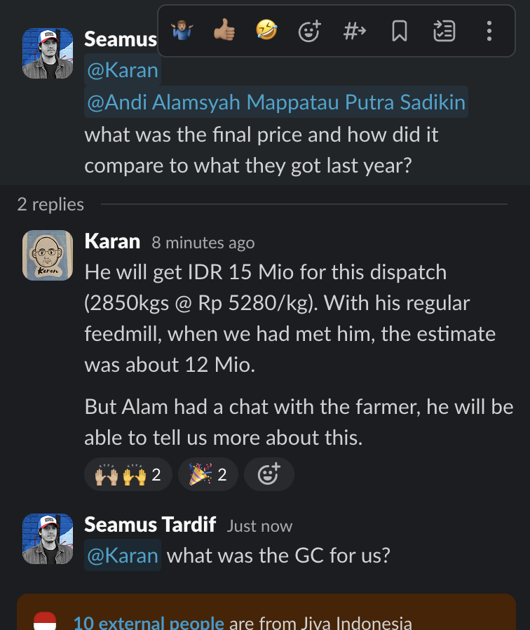 Slack note about a farmer earning extra through Jiva Lite