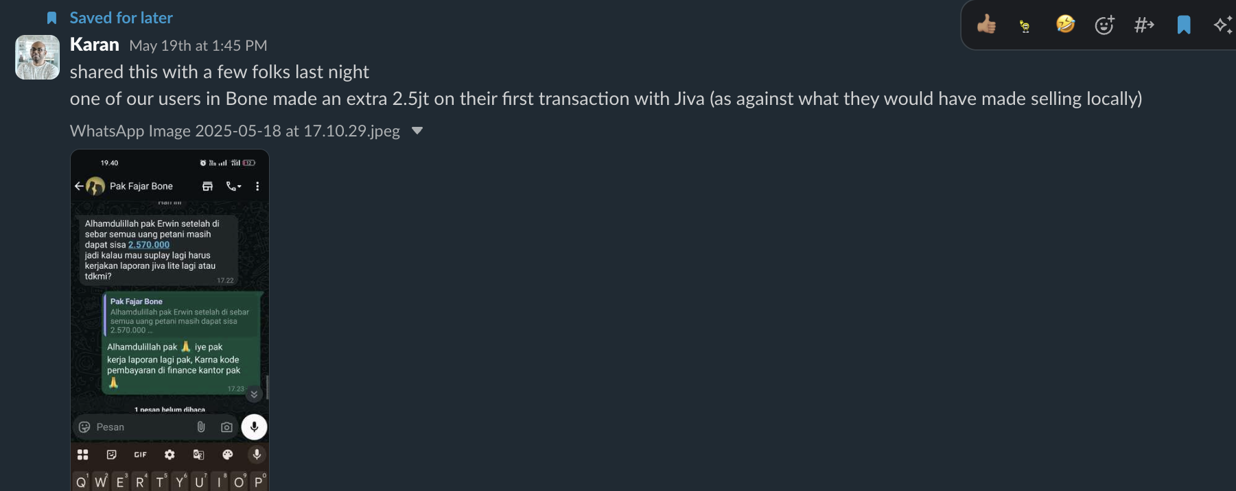 WhatsApp screenshot showing added farmer earnings from Jiva Lite