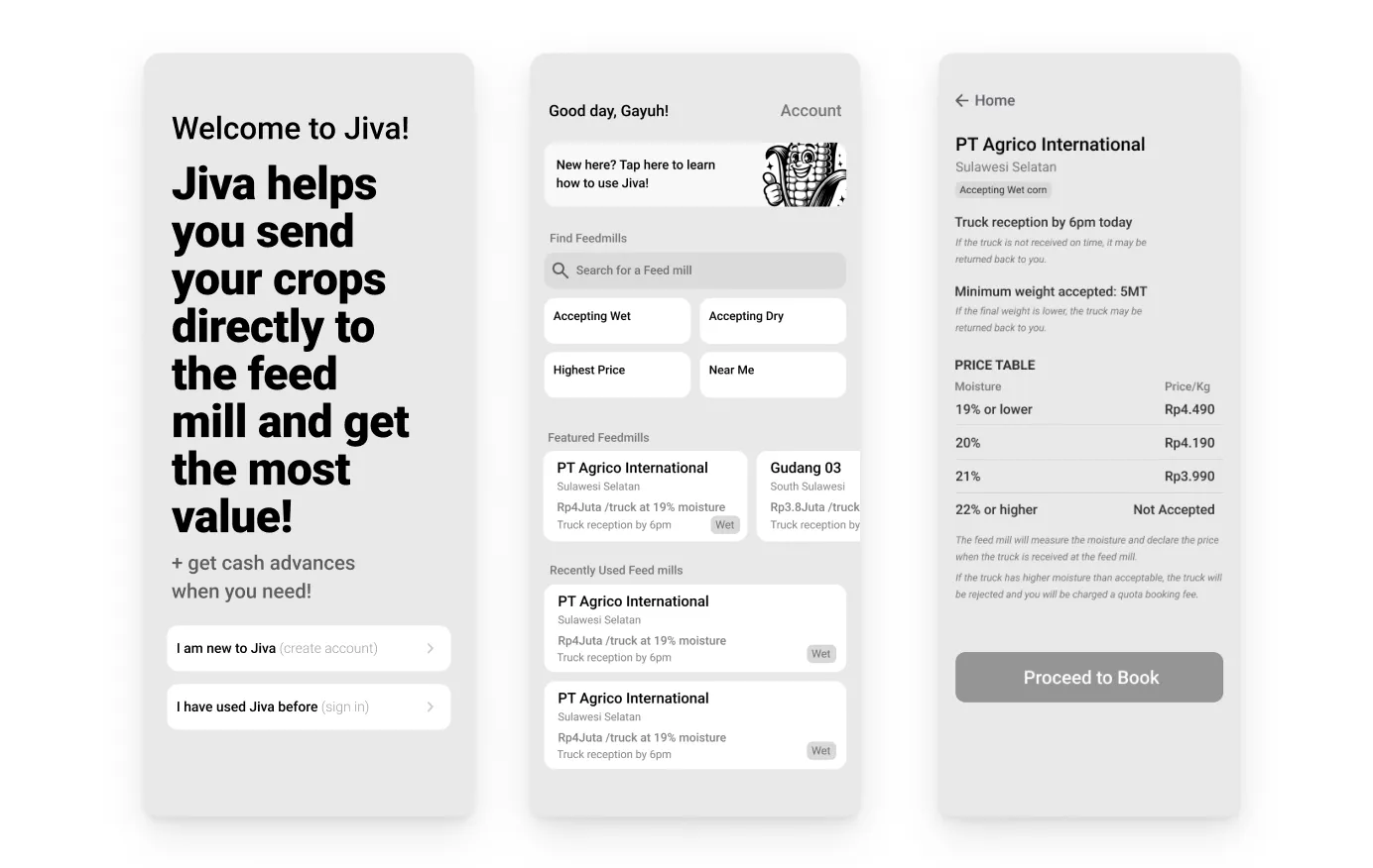 Early Jiva Lite app wireframes