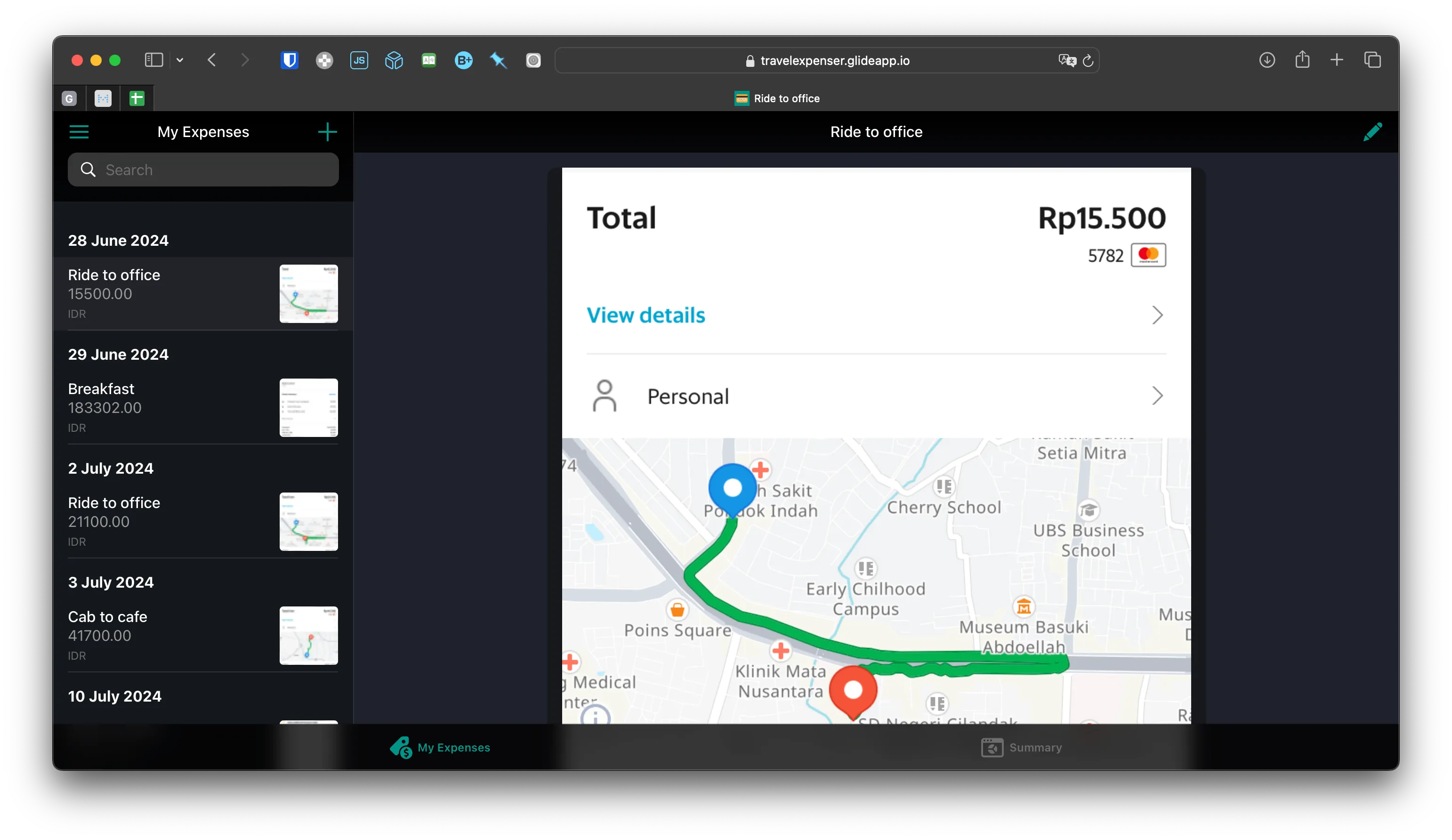 A responsive no-code app I built on Glide to help me expense bills for work travel