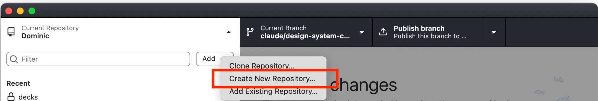 Create a New Repository dialog