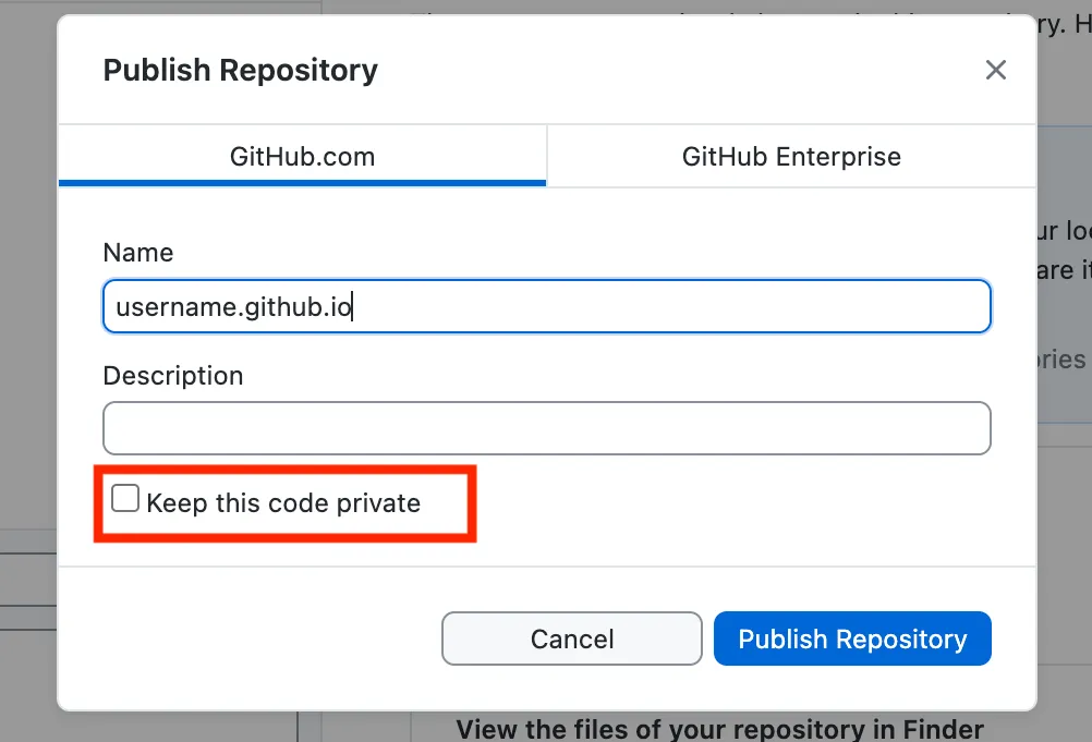Publish Repository dialog